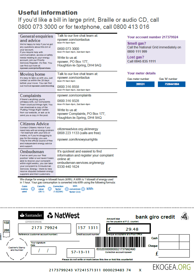 United Kingdom Npower utility bill template in Word and PDF formats, 3 pages, 3rd page